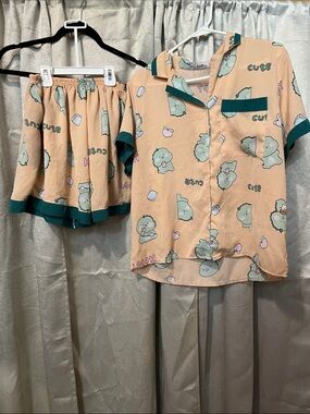 SAM. Peach Cartoon Print Short Pajama Set with Teal Trim